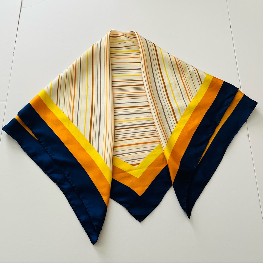 Vintage Winkles Silk Scarf Geometric Strips Royal Blue & Orange 30" Square